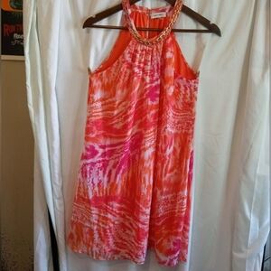 Calvin Klein Gold Chain Coral Pink Printed Halter Dress Party Sexy Baddie S/M?